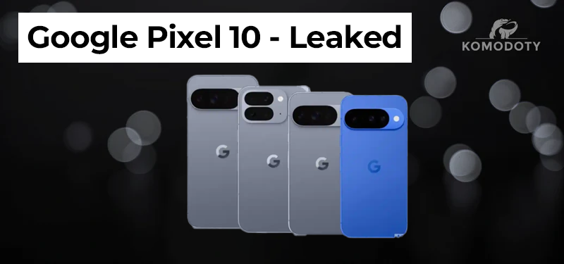 A leaked promotional image showing the four Google Pixel 10 models: the Pixel 10 in blue, and the Pixel 10 Pro, Pro XL, and Pro Fold in grey.