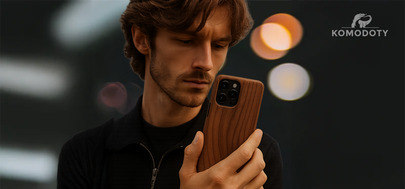 Midjourney image of a man holding a Komodoty slim wood Walnut case