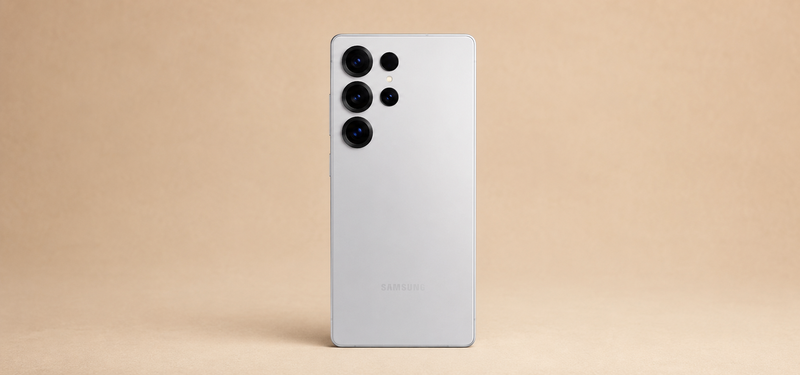 Samsung Galaxy S25 Ultra smartphone, rear view, on a beige studio background.