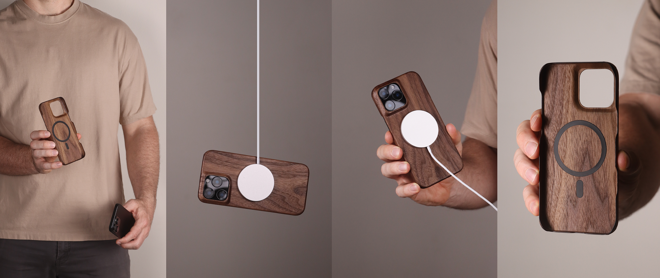Komodoty Komodo Slim Wooden phone cases iPhone 16 Pro Max with MagSafe displayed in various poses against a neutral background