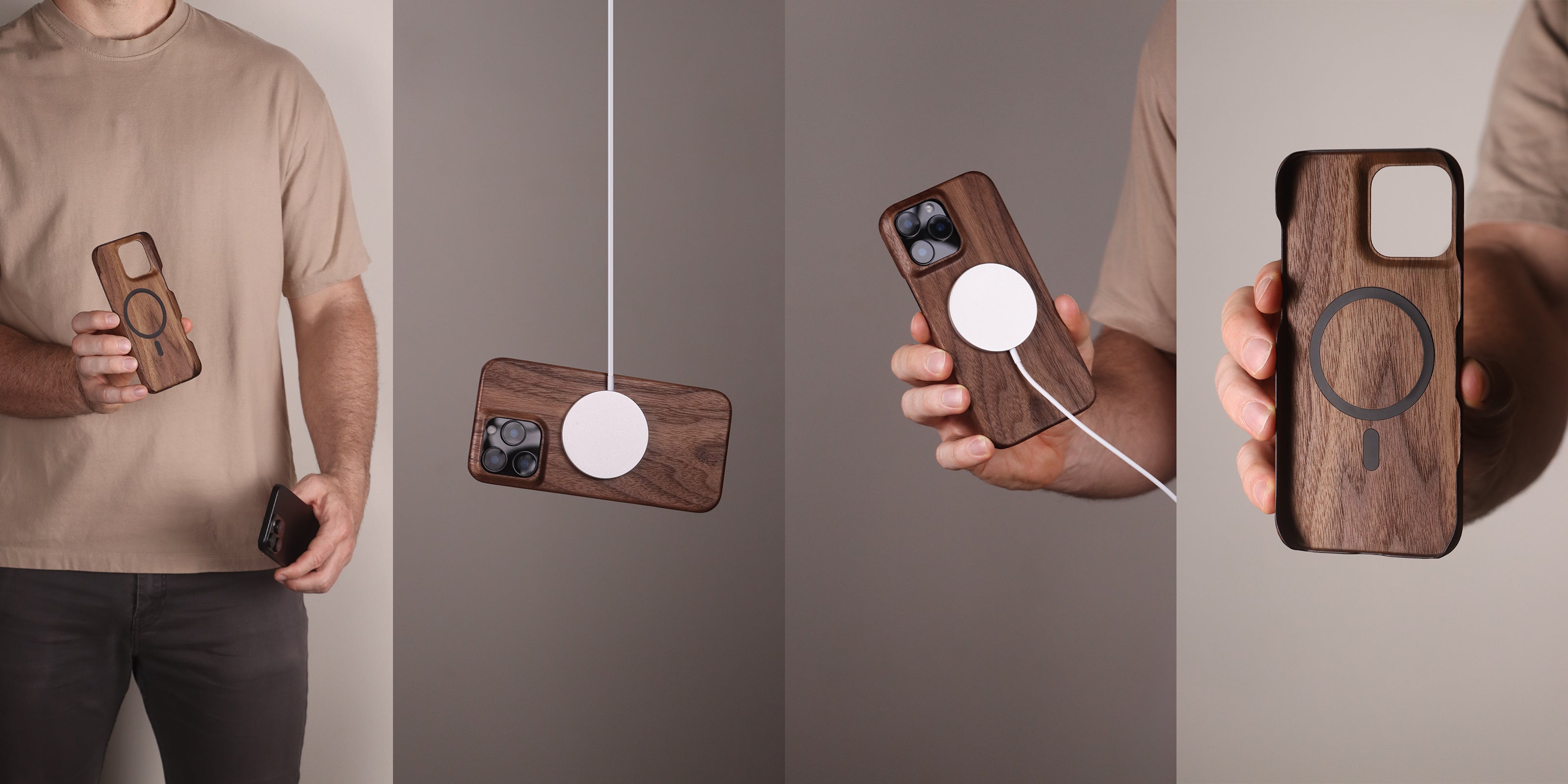 Wooden phone cases being held by a person against a neutral background