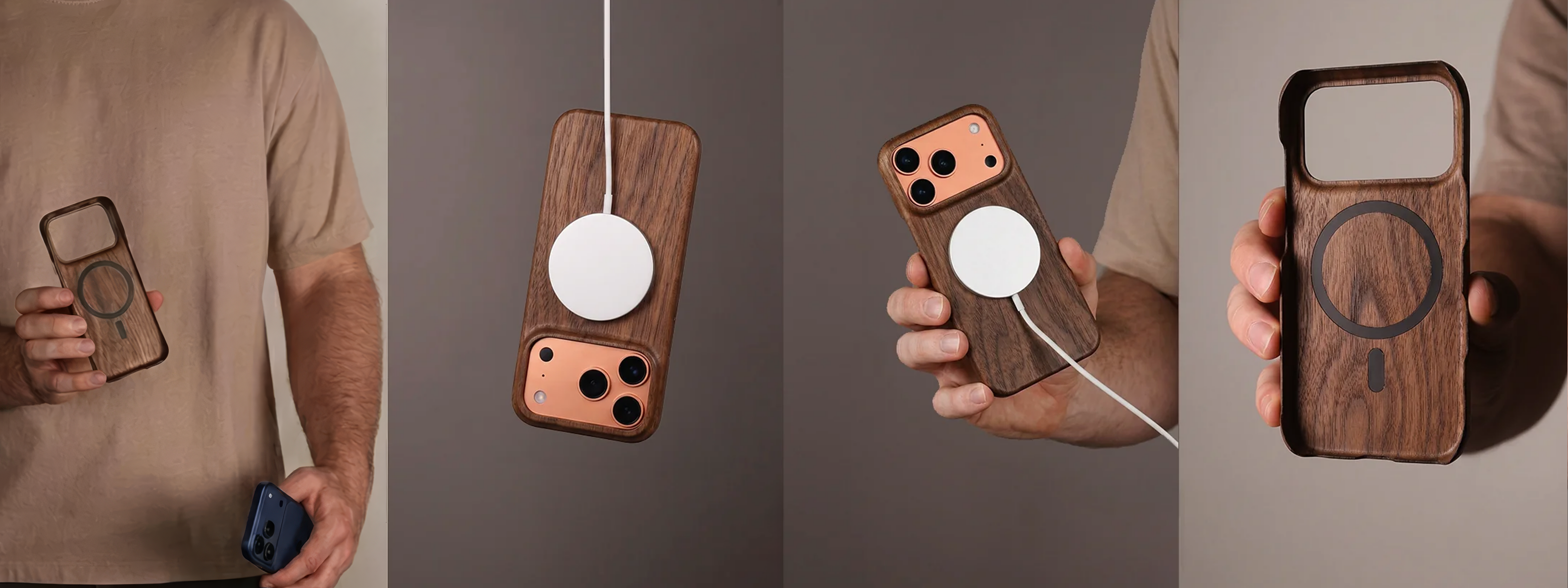 Komodo Slim Wood iPhone Case in Walnut for the iPhone 17 Pro Max Dessert Orange 4 variation views showcasing magsafe compatibility on a beige toupe background with male model