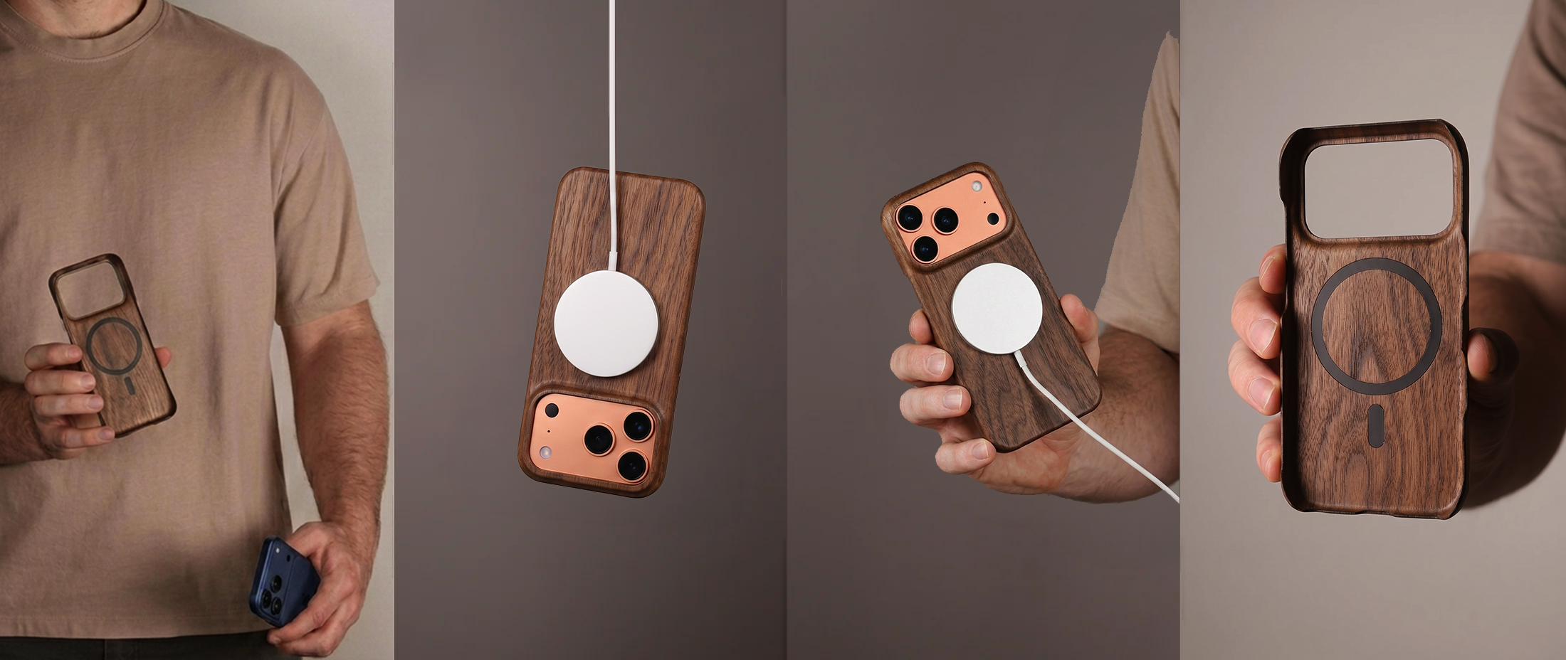 Wooden iPhone 17 Pro Max case on a Dessert Orange held by a person against a neutral background