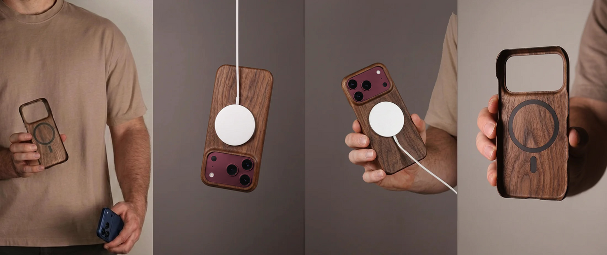 A four-panel collage showing a person holding a wooden magnetic iphone 18 pro max in burgundy with a walnut wooden phone case with a white MagSafe ring. The panels show the case from different angles, including one close-up of the back with the MagSafe symbol and another showing the case attached to a phone with a charging cable connected.