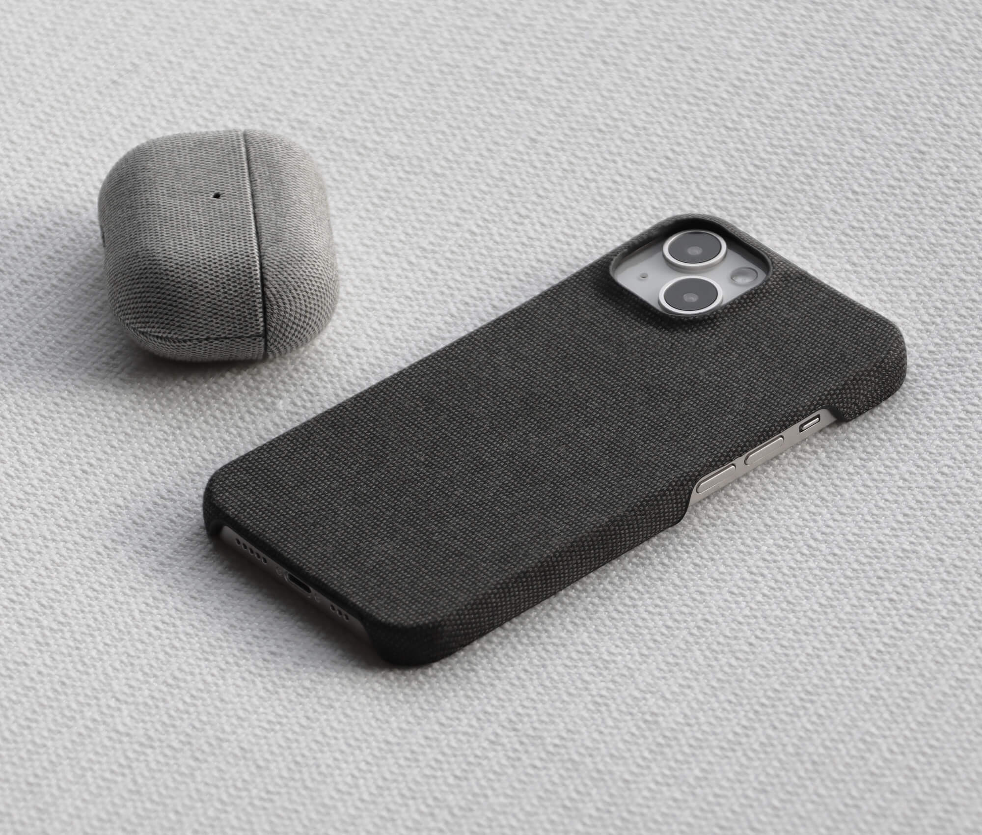 Komodoty Fabric iPhone 15 Case Black Slim Design Camera Protection Open Cutouts AirPods Case