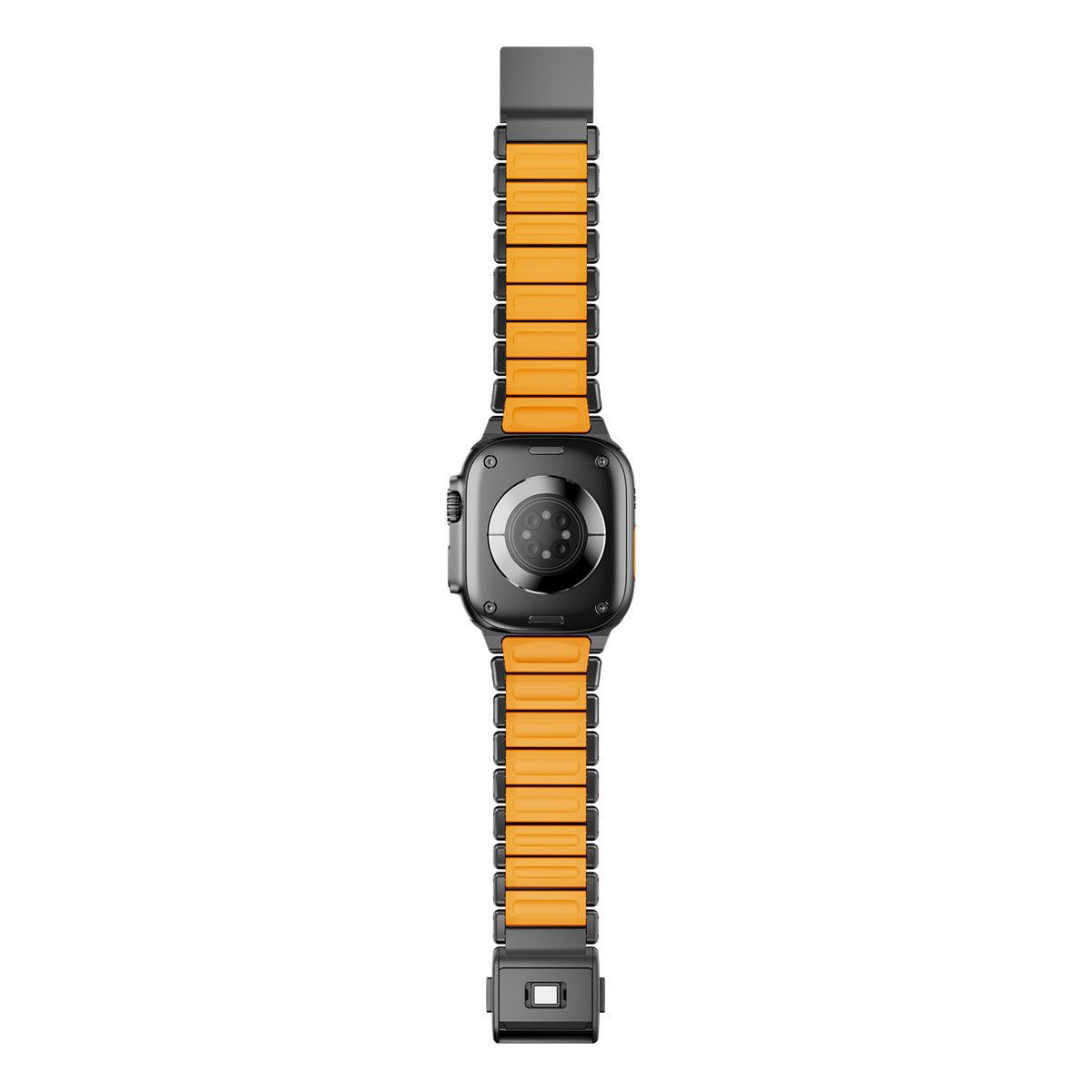 Komodoty Titanium Apple Watch Band Black on Orange Rubber Flatlay Back
