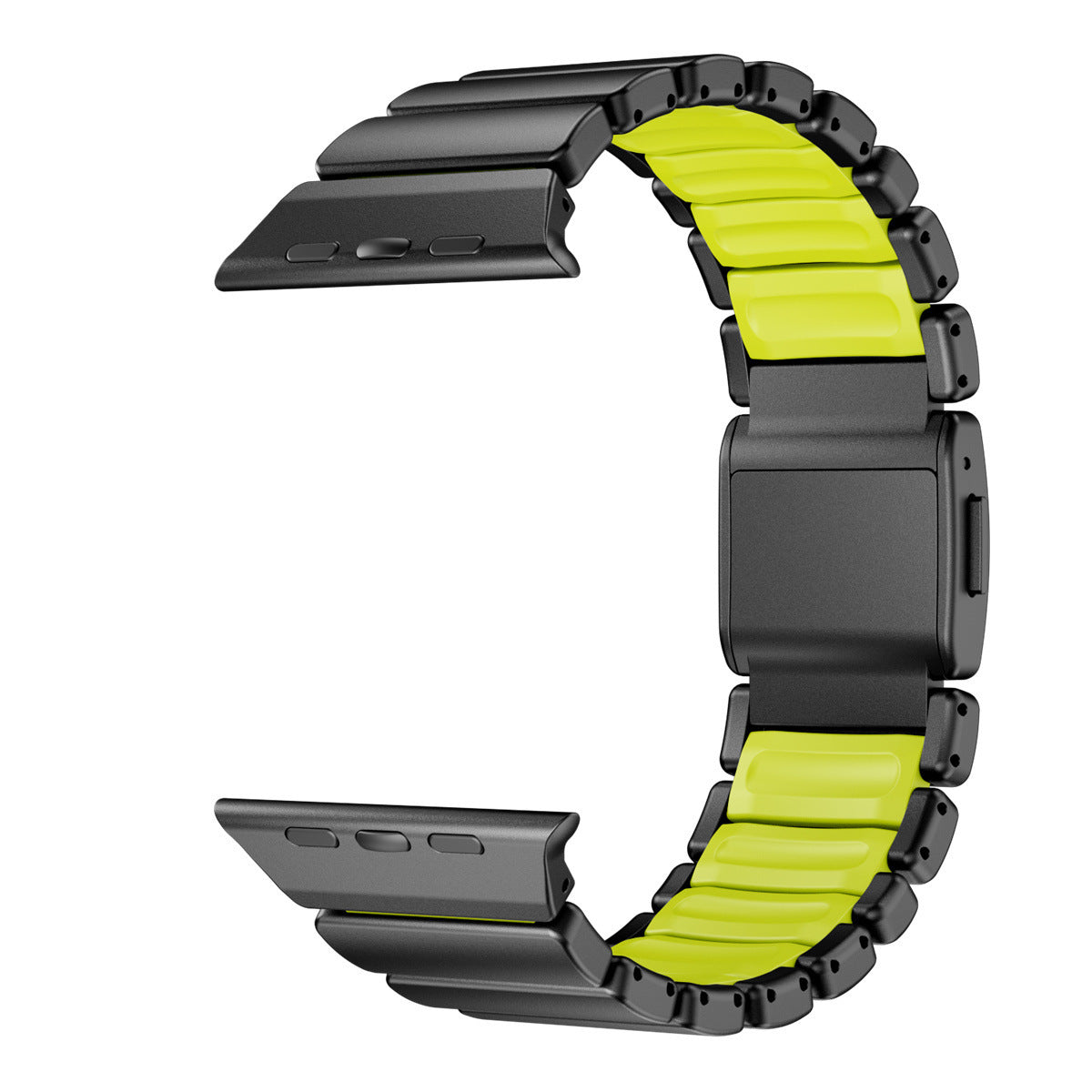 Komodoty-Titanium-Apple-Watch-Band-Black-on-Yellow-Rubber-Connectors on a white background