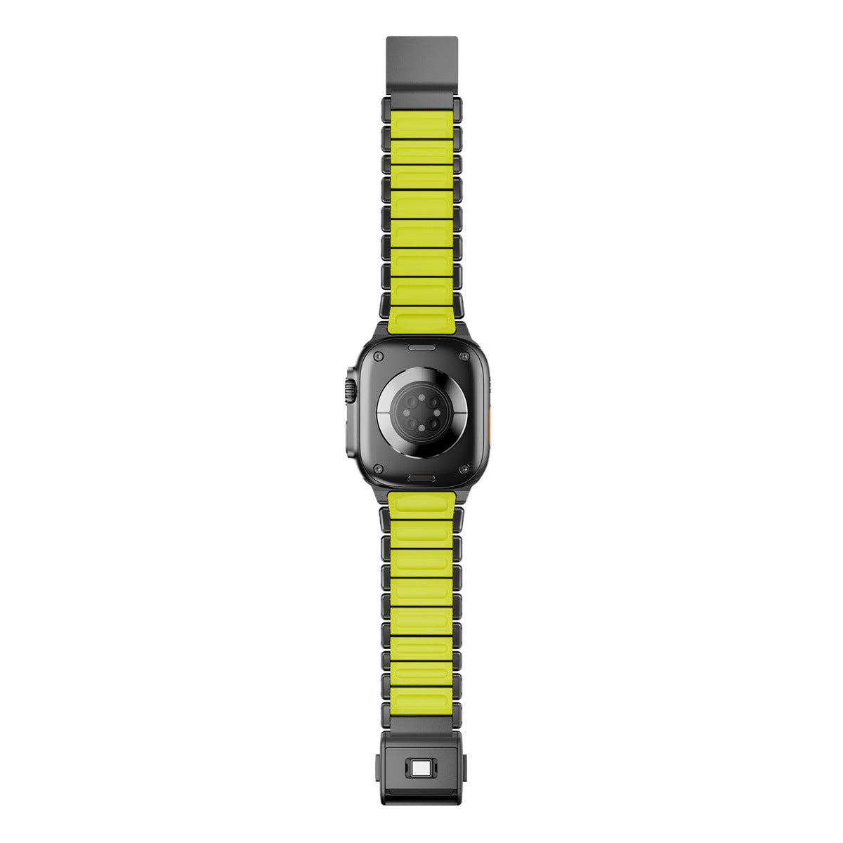 Komodoty Titanium Apple Watch Band Black on Yellow Rubber Flatlay Back