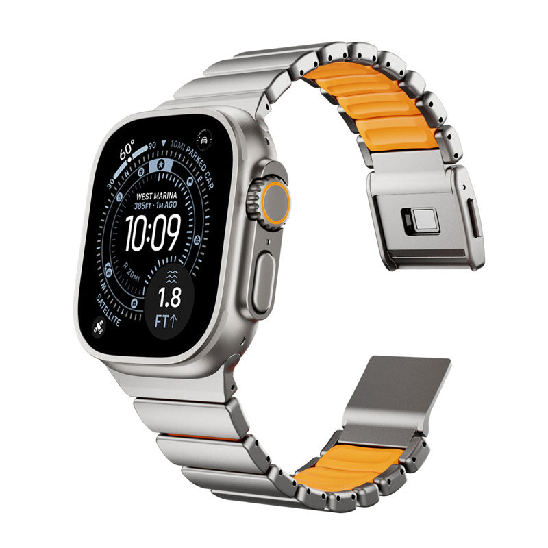 Komodoty Titanium Apple Watch Band Natural Titanium on Orange Rubber Variant