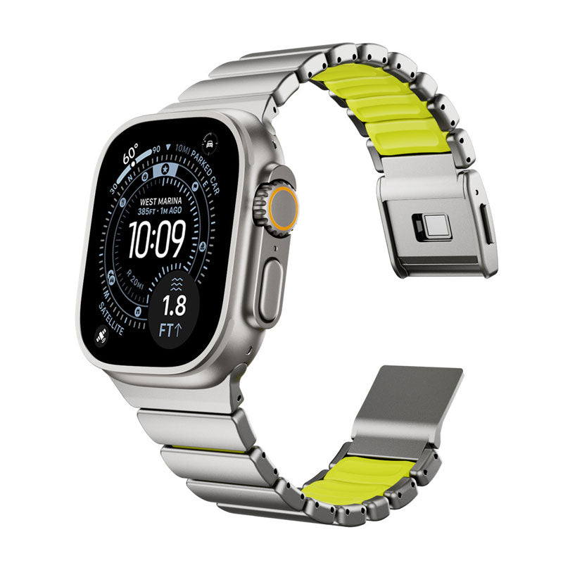 Komodoty Titanium Apple Watch Band Natural Titanium on Yellow Rubber Variant Nomad Apple Watch Band