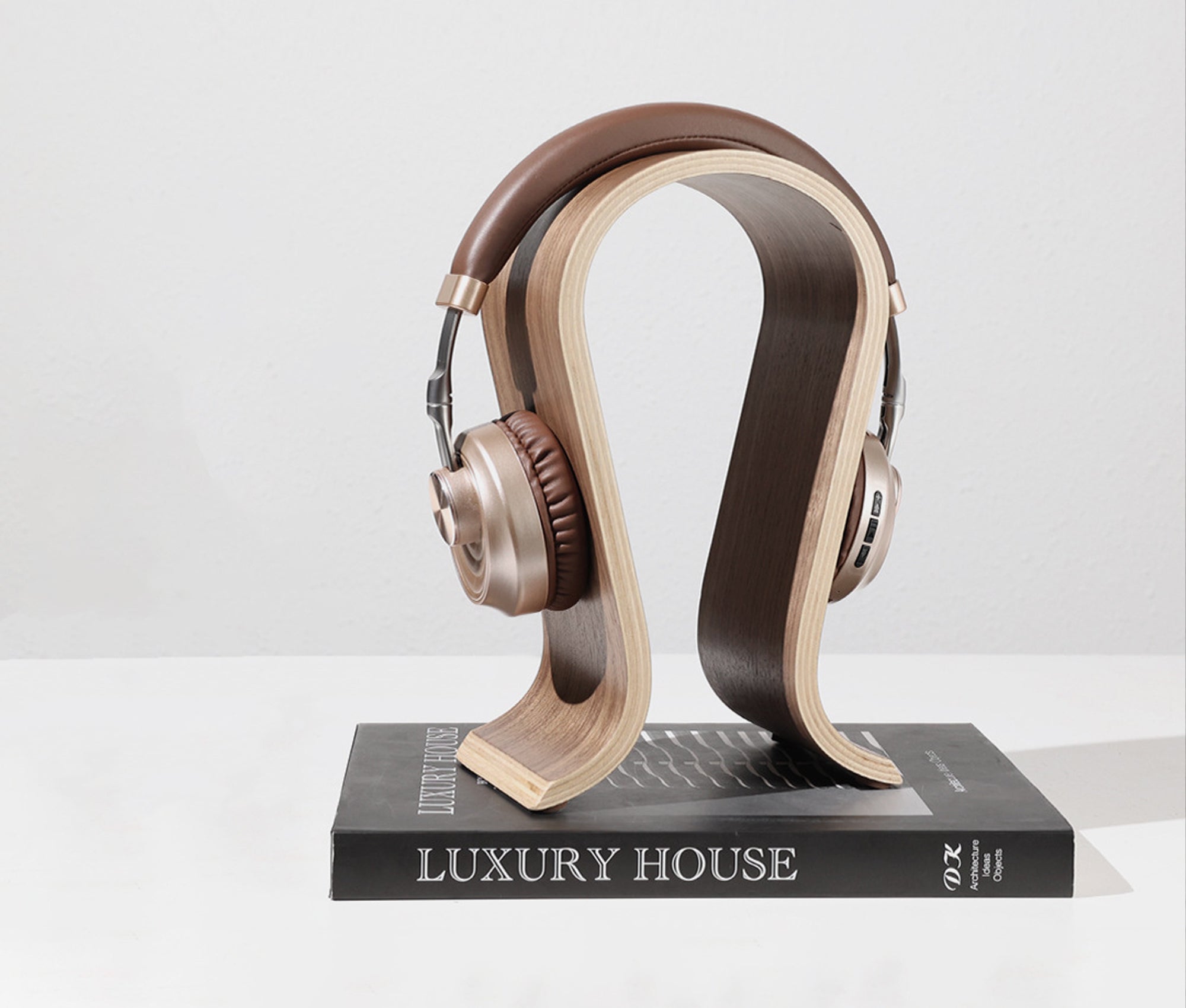 Komodoty Wood Headphone Stand Walnut On Book Desktop