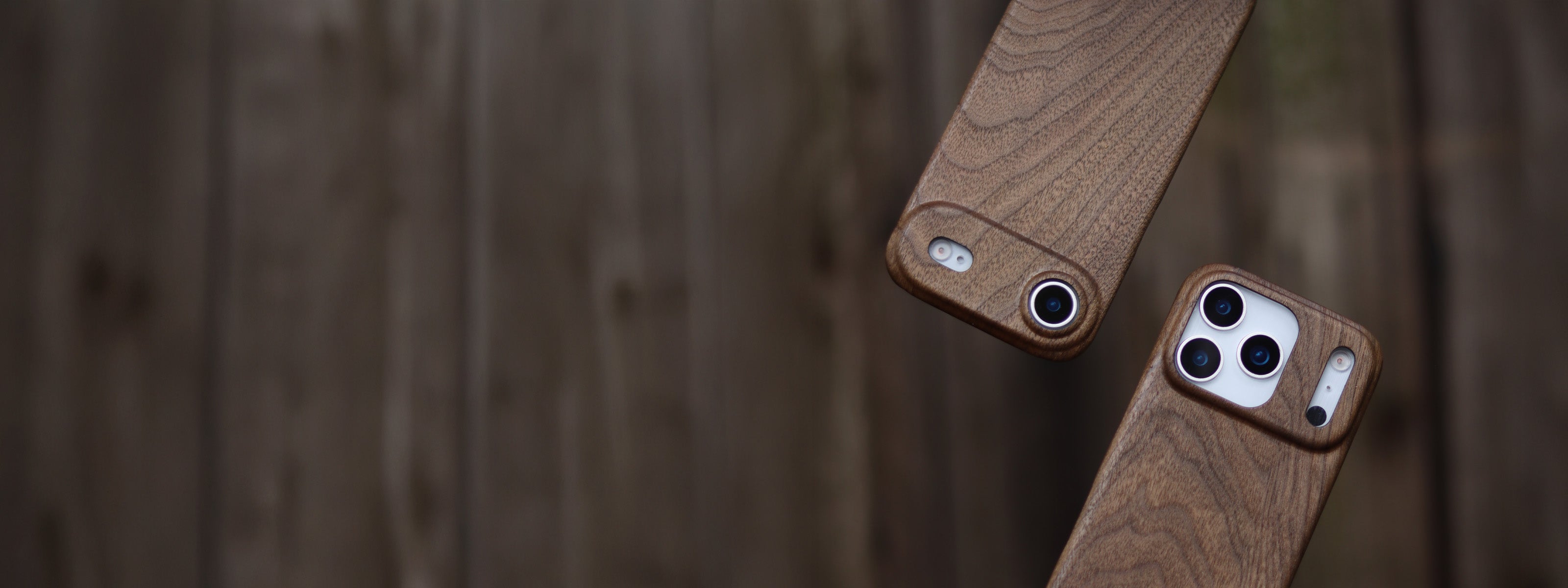 Komodoty Komodo Slim Wood iPhone 17 cases iPhone 17 Air iPhone 17 Pro in Walnut Wood Cases in the forest bokeh effect