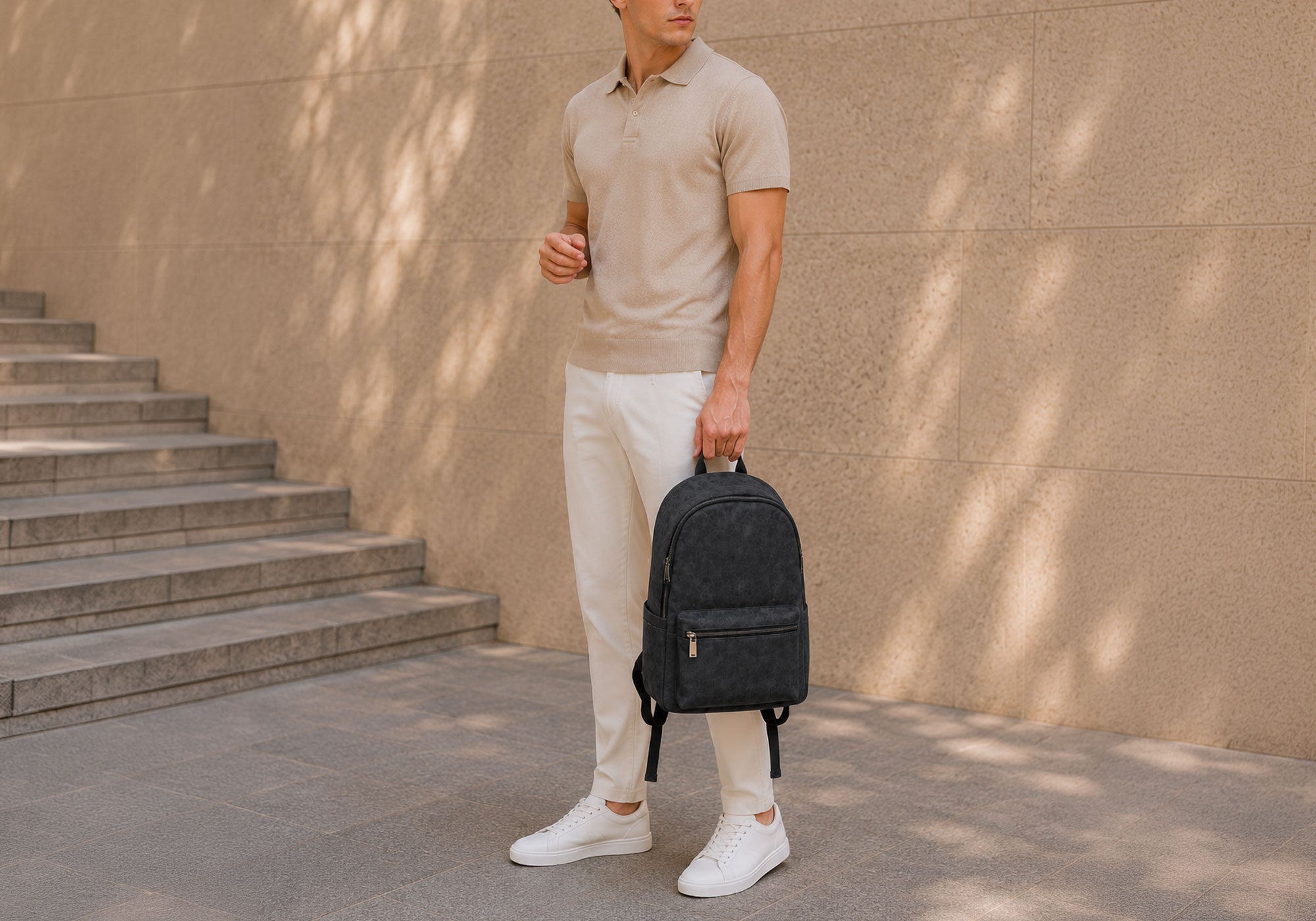 Male model in a beige collared shirt with white pants holding a black alcantara backpack with his left hand against a beige wall outdoors