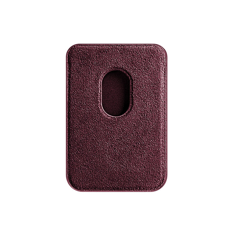 Burgundy Alcantara MagSafe wallet, product shot, back view with the card push-out cutout, on a plain white background