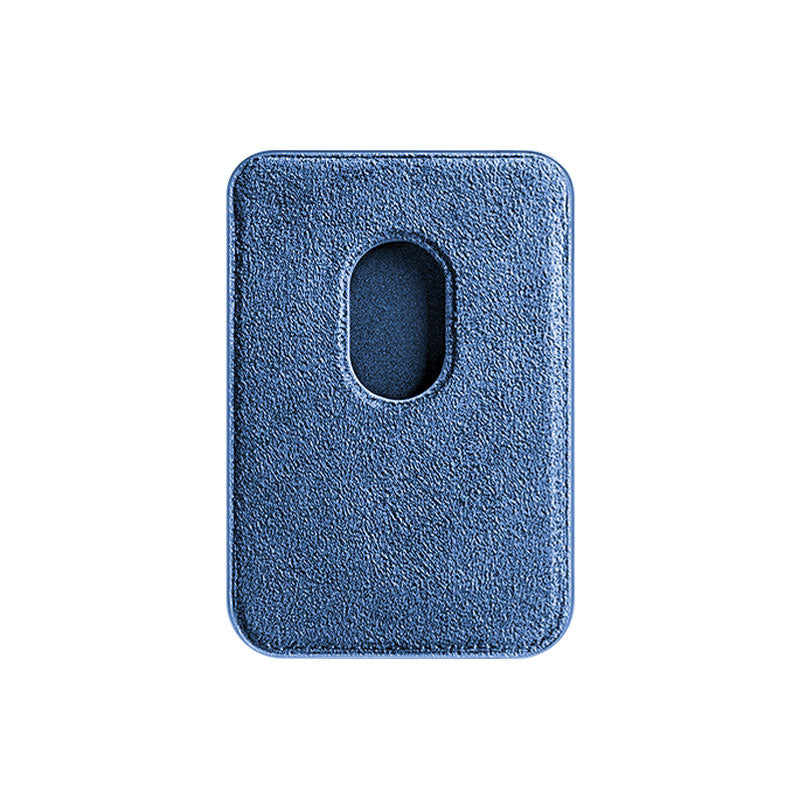 Glacier Blue Alcantara MagSafe wallet, product shot, back view with the card push-out cutout, on a plain white background