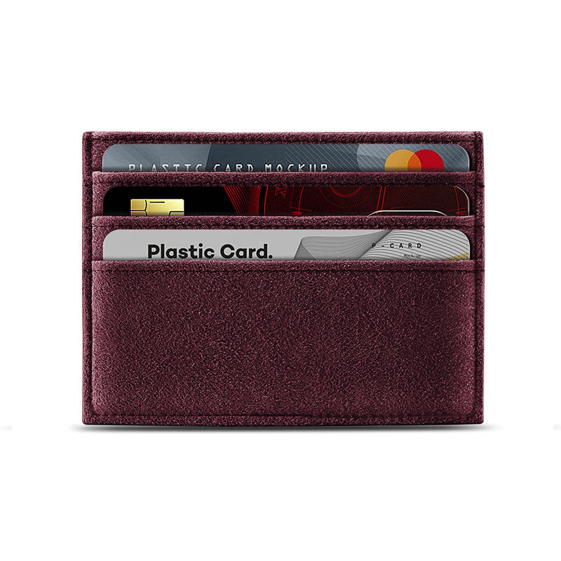 Burgundy Alcantara card wallet, product shot, front view with cards in the three slots, on a plain white background