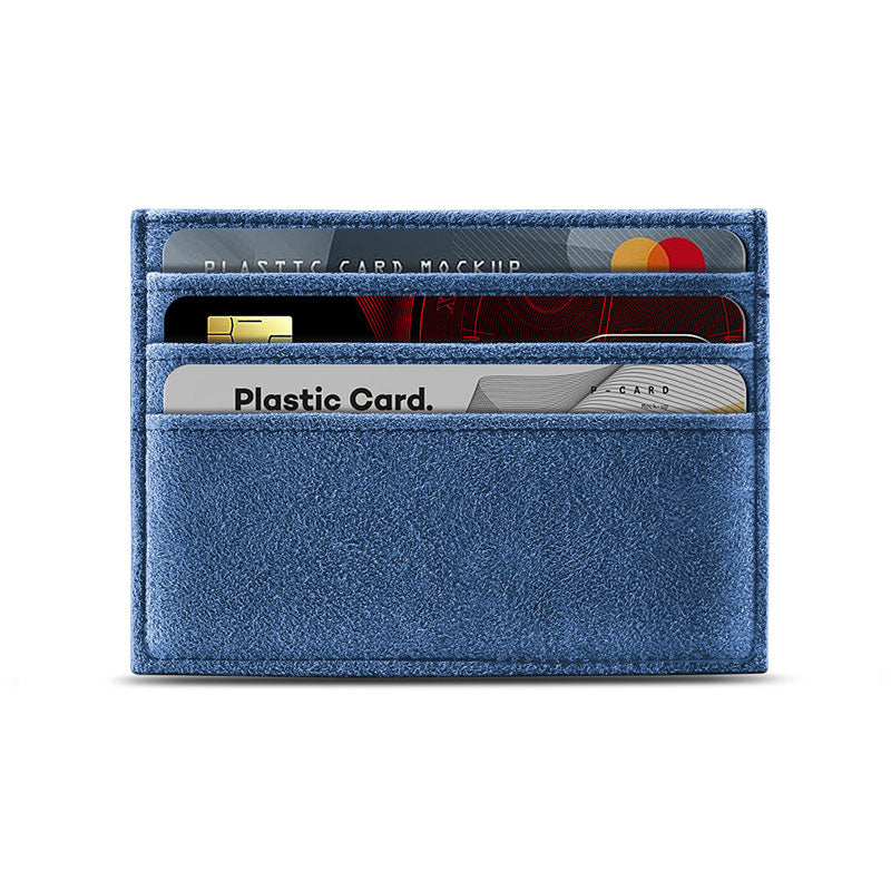 Glacier Blue Alcantara card wallet, product shot, front view with cards in the three slots, on a plain white background