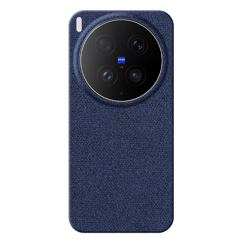 Vivo X300 Ultra fabric phone case in blue with circular cutout for camera lens, featuring the Zeiss logo, against a white background
