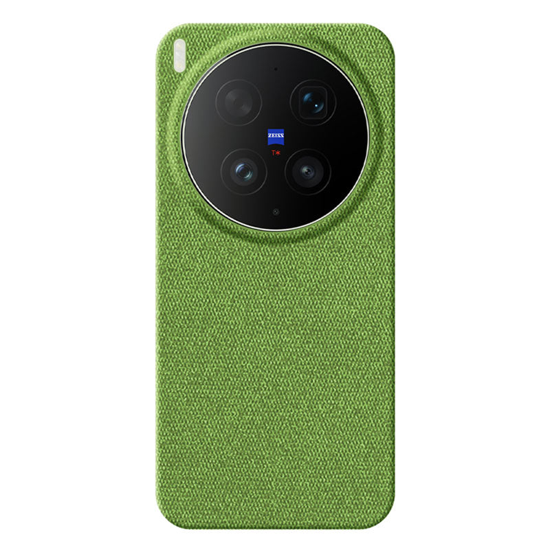 Vivo X300 Ultra fabric phone case in green with circular cutout for camera lens, featuring the Zeiss logo, against a white background