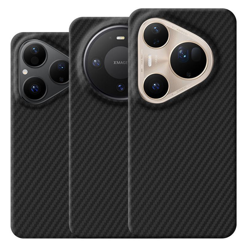 Huawei Mate 80 Pro, Pura 80 Ultra, Pura 80 black aramid fiber phone cases on a white background