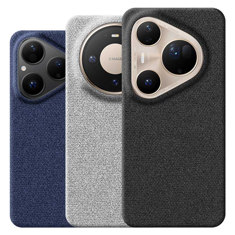 Three fabric phone cases in blue, gray, and black on a white background for Huawei Mate 80 Pro, Huawei Pura 80 Ultra ad Huawei Pura 80