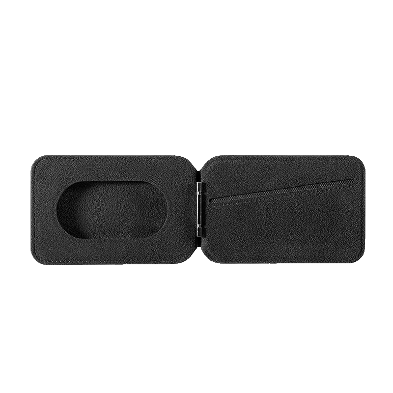 Black Alcantara leather MagSafe wallet open on a transparent background
