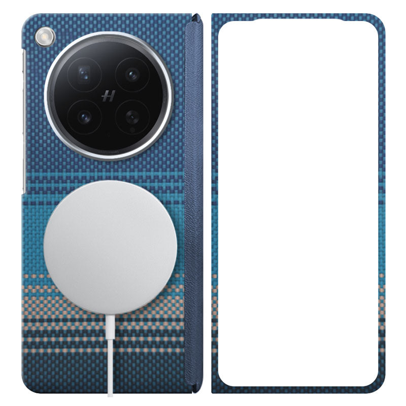 Oppo Find N6 aramid fiber phone case in blue with MagSafe charger attached