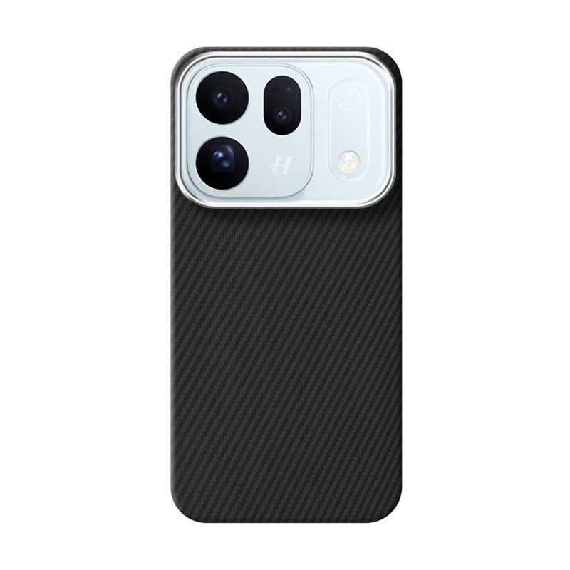 A black carbon fiber textured Oppo Find X10 phone case with a silver camera bumper, shown on a white background.