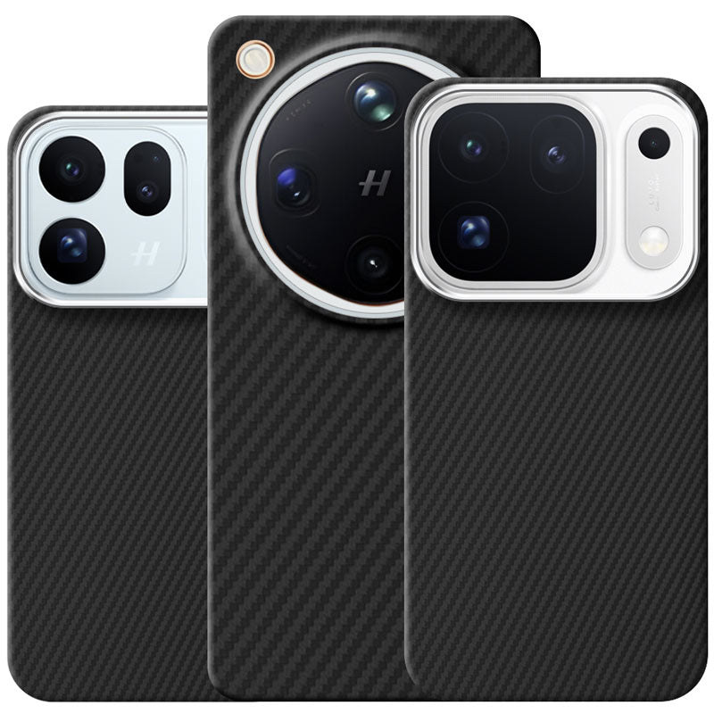 Three black aramid fiber textured phone cases side by side for Oppo Find X10, Oppo Find X9 Ultra, Oppo Find X10 Pro Max against a white background