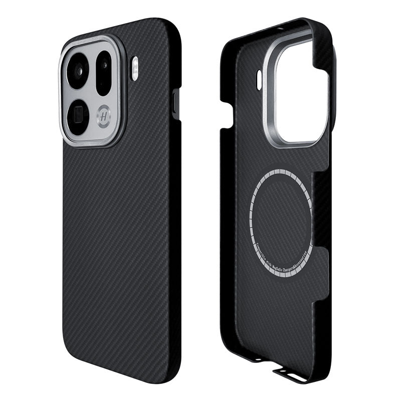 Oppo Find X9 Pro black aramid fiber phone case with MagSafe ring inside