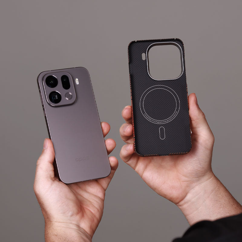 Oppo Find X9 Pro device being held next to a black patterned aramid fiber phone case with magnetic ring inside against a gray background