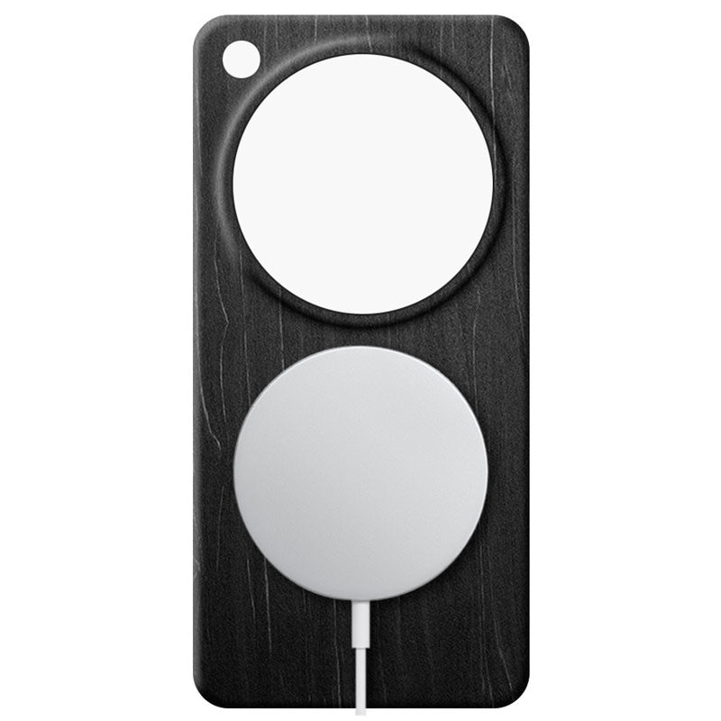Oppo Find X9 Ultra wooden phone case in charcoal black with a MagSafe charger attached against a white background