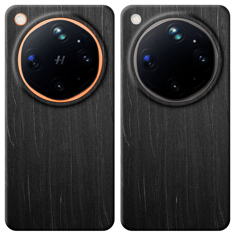 Two Oppo Find X9 Ultra dark gray wooden phone cases showing compatibility with Canyon Orange and Tundra Umber side by side on a plain white background.