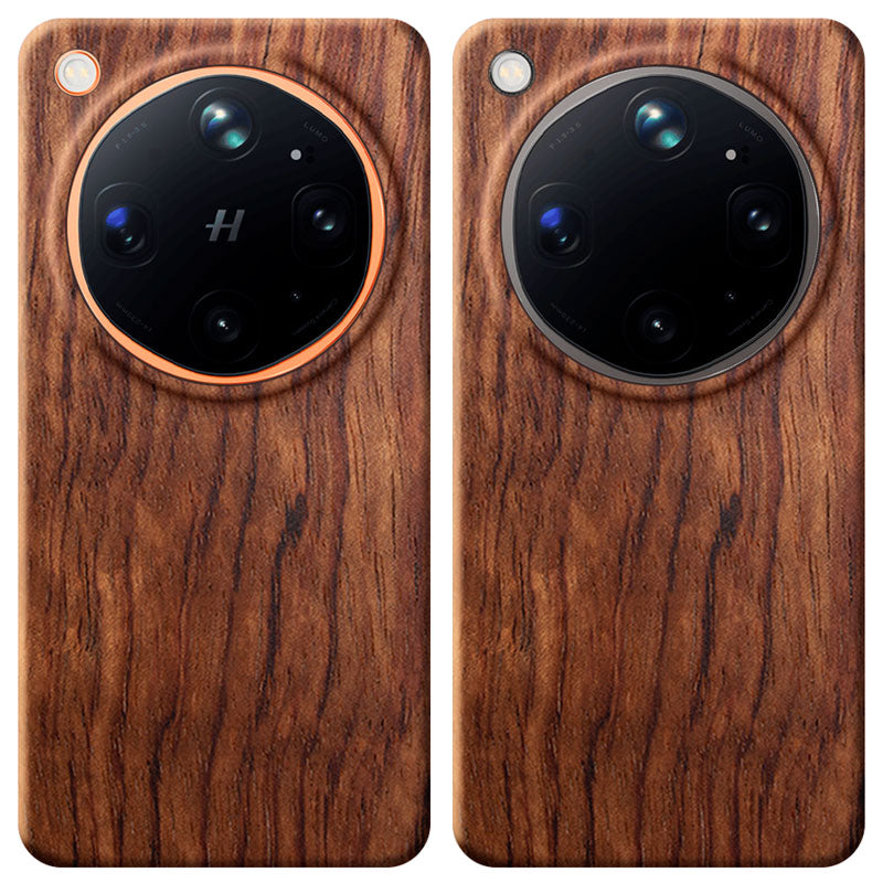 Two Oppo Find X9 Ultra wooden phone cases in rosewood showing compatibility with Canyon Orange and Tundra Umber side by side on a plain white background.