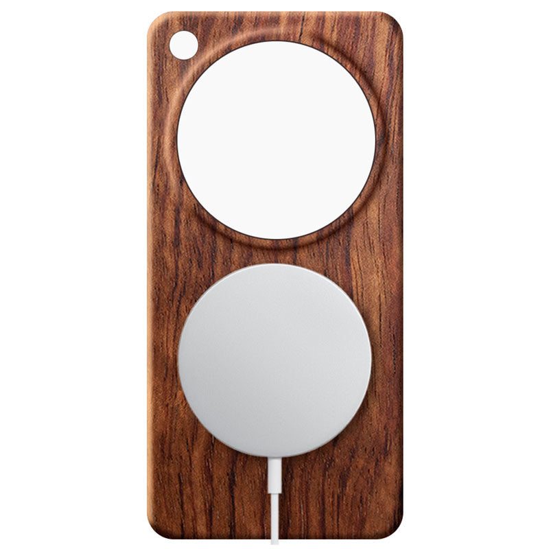 Oppo Find X9 Ultra wooden phone case in rosewood with a MagSafe charger attached against a white background