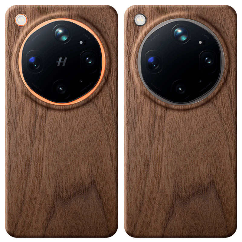 Two Oppo Find X9 Ultra wooden phone cases showing compatibility with Canyon Orange and Tundra Umber side by side on a plain white background.