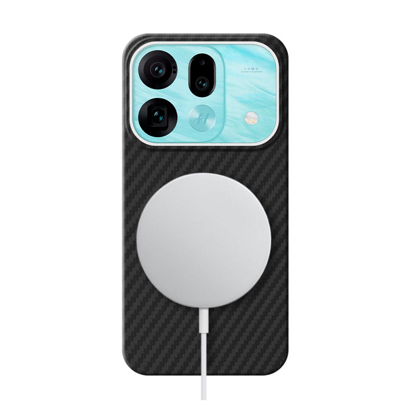 Oppo Find X9s Pro black aramid fiber phone case with twill pattern and MagSafe charger attached