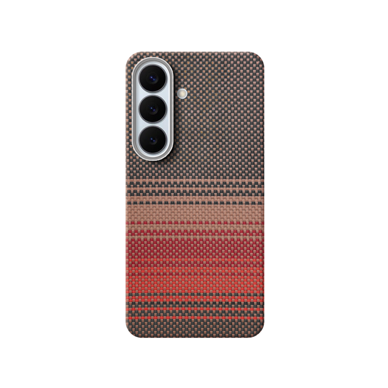 Red aramid fiber Samsung Galaxy S26 phone case with a woven pattern on a white background