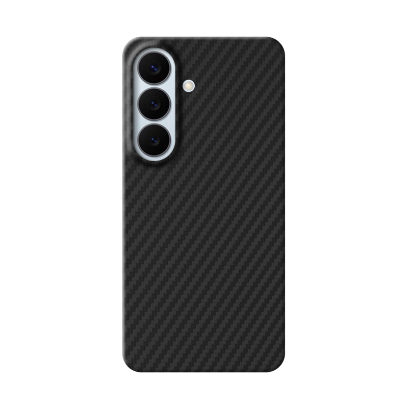 Black aramid fiber Samsung Galaxy S26 Plus phone case with a checkered pattern on a white background