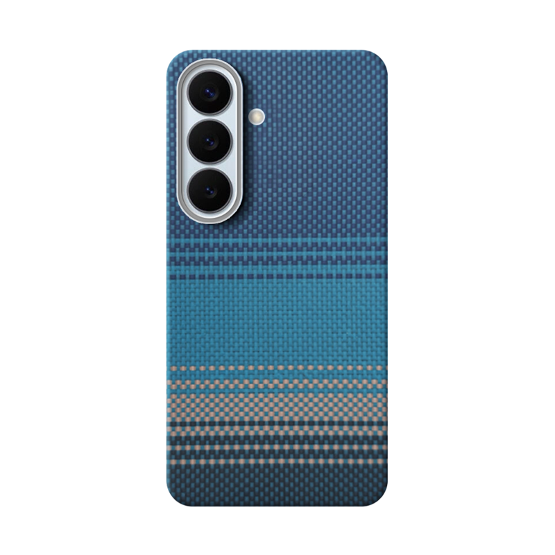 Blue aramid fiber Samsung Galaxy S26 Plus phone case with a checkered pattern on a white background