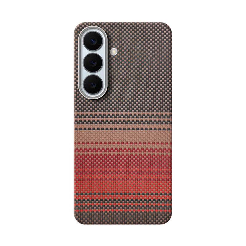 Red aramid fiber Samsung Galaxy S26 Plus phone case with a woven pattern on a white background