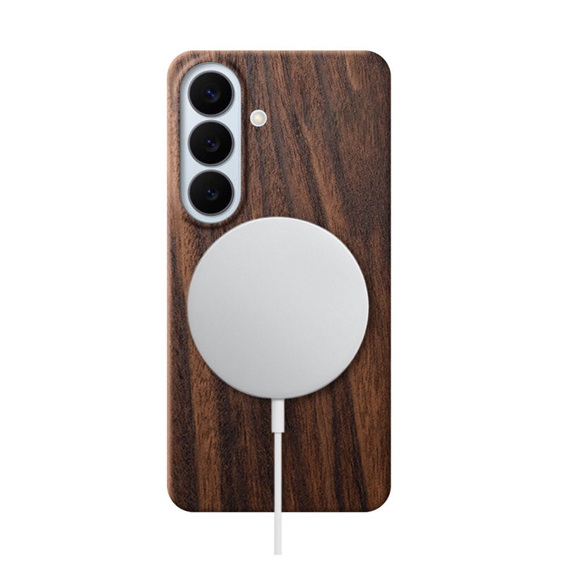 Samsung Galaxy S26 Plus wood phone case with MagSafe charger attached on white background
