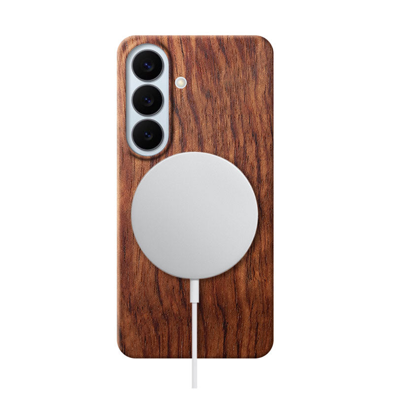 Samsung Galaxy S26 Plus wood phone case with MagSafe charger attached on white background