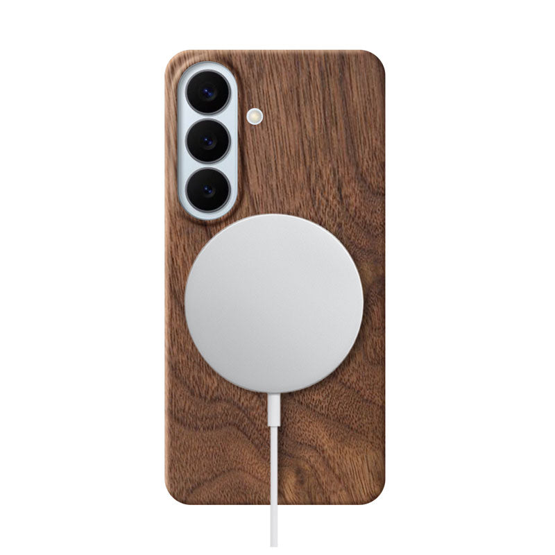 Samsung Galaxy S26 Plus wood phone case with MagSafe charger attached on white background