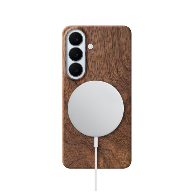 Samsung Galaxy S26 wood phone case with MagSafe charger attached on white background