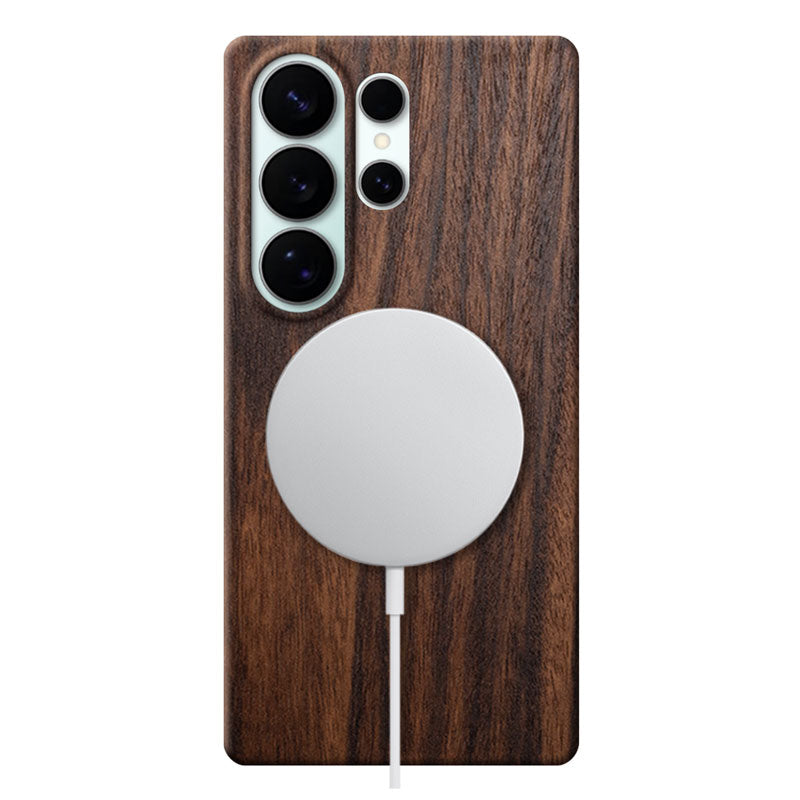 Samsung Galaxy S26 Ultra wood phone case with MagSafe charger attached on white background