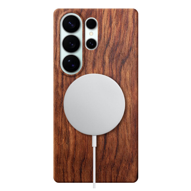 Samsung Galaxy S26 Ultra wood phone case with MagSafe charger attached on white background