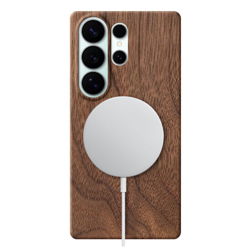 Samsung Galaxy S26 Ultra wood phone case with MagSafe charger attached on white background