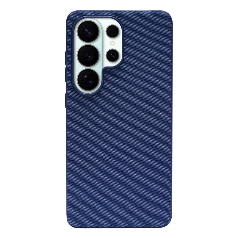 Blue textured fabric Samsung Galaxy S26 Ultra phone case on a white background