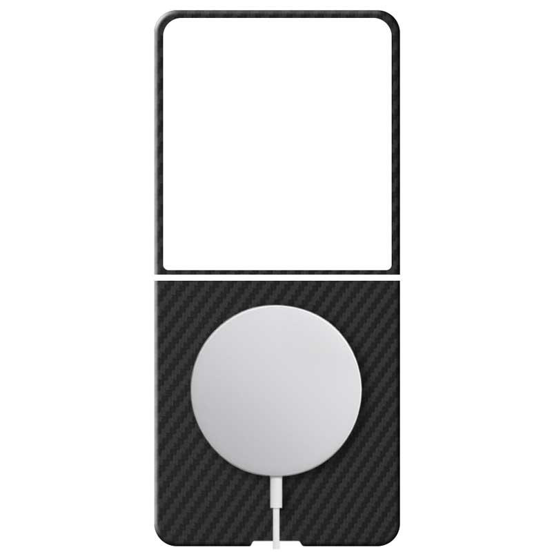 Samsung Galaxy Z Flip8 Ultra aramid fiber phone case with MagSafe charger attached in 600D black twill on white background